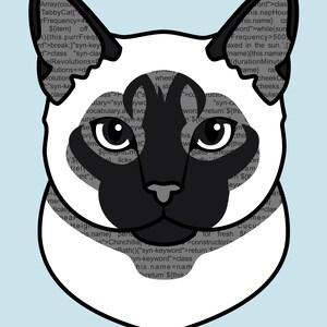 K&ouml;nnte beinhalten: Eine stilisierte Illustration eines Siamkatzenkopfes mit dunkelbrauner Gesichtsmaske und Ohren vor hellblauem Hintergrund. Das Fellmuster der Katze ist mit schwarzem Computercode-Text gef&uuml;llt. Unten steht der Text "/* Coding Companions */".