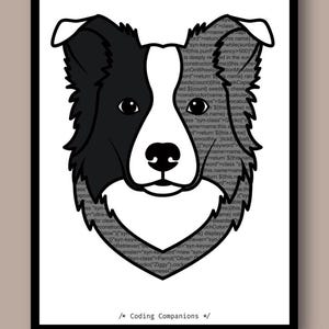 Może przedstawiać: Czarno-biała graficzna ilustracja głowy psa rasy Border Collie wyśrodkowana na białym tle. Sylwetka psa jest wypełniona liniami kodu programistycznego. Na dole znajduje się tekst "/* Coding Companions */".