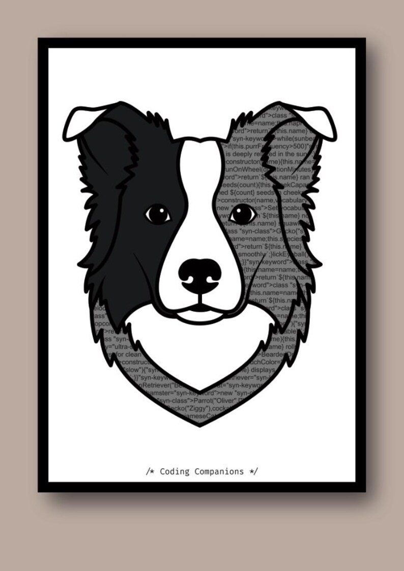 Może przedstawiać: Czarno-biała graficzna ilustracja głowy psa rasy Border Collie wyśrodkowana na białym tle. Sylwetka psa jest wypełniona liniami kodu programistycznego. Na dole znajduje się tekst "/* Coding Companions */".