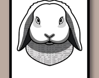 Binary Code Lop Rabbit Print - Programmer Bunny Wall Art - Tech Desk Decor Developer Gift