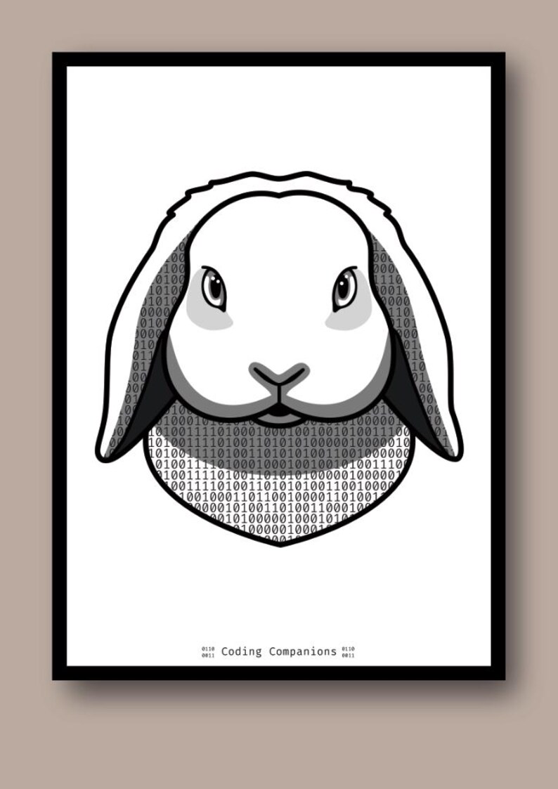 May include: A framed print featuring a stylized illustration of a lop-eared rabbit head. The rabbit's face is white with black outlines, while the ears and lower head area are filled with a repeating binary code pattern of zeros and ones. The text "Coding Companions" is printed at the bottom center.