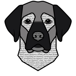 May include: A stylized graphic illustration of a dog head with black ears and a grey face. The face is filled with black computer code text. The dog has a black nose, dark eyes, and a thick black outline. Below the head is the text /* Coding Companions */.
