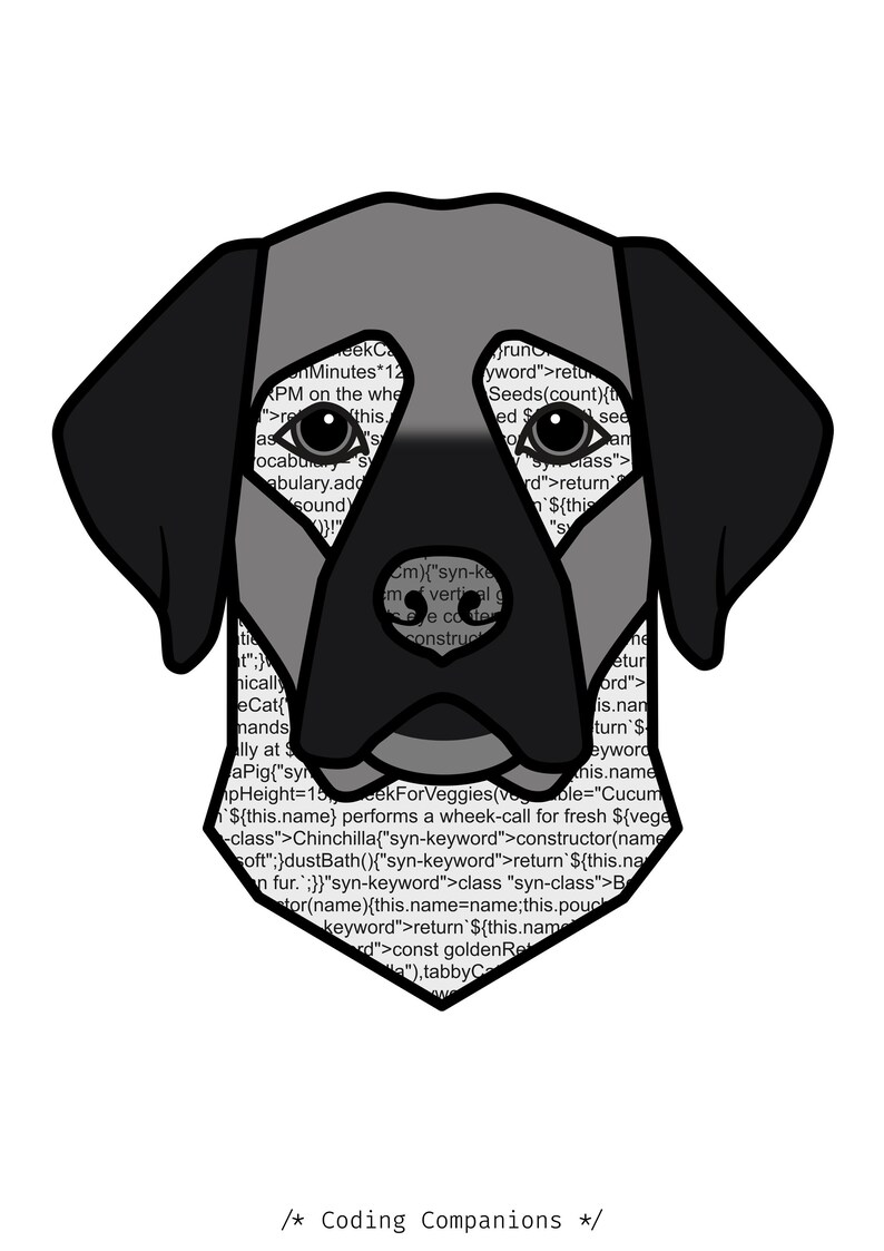May include: A stylized graphic illustration of a dog head with black ears and a grey face. The face is filled with black computer code text. The dog has a black nose, dark eyes, and a thick black outline. Below the head is the text /* Coding Companions */.