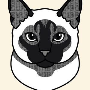 Puede incluir: Una ilustraci&oacute;n gr&aacute;fica de la cabeza de un gato siam&eacute;s con m&aacute;scara y orejas negras, sobre un fondo gris claro lleno de patrones de c&oacute;digo binario de unos y ceros. El texto Coding Companions est&aacute; impreso en negro en la parte inferior.