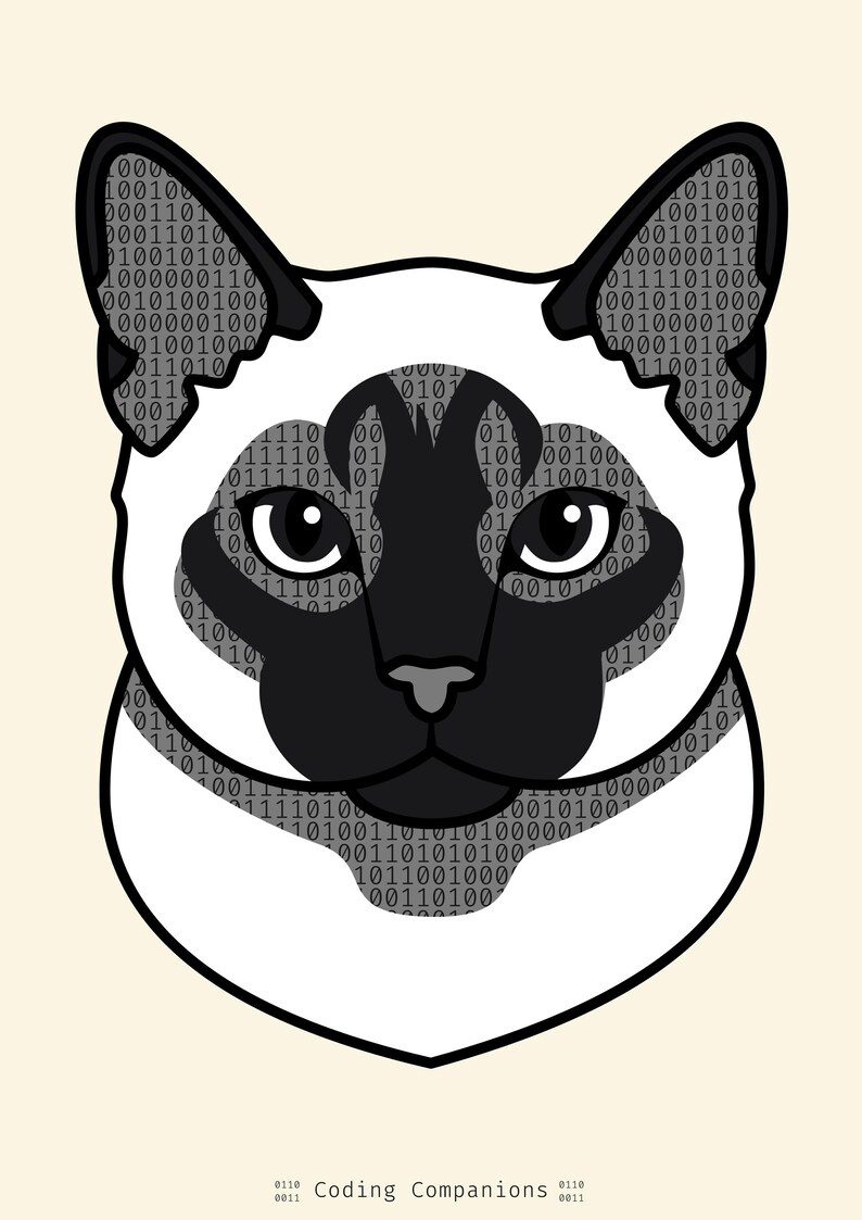 Puede incluir: Una ilustraci&oacute;n gr&aacute;fica de la cabeza de un gato siam&eacute;s con m&aacute;scara y orejas negras, sobre un fondo gris claro lleno de patrones de c&oacute;digo binario de unos y ceros. El texto Coding Companions est&aacute; impreso en negro en la parte inferior.