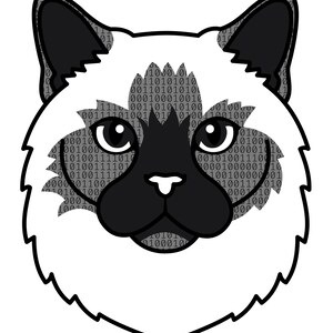 May include: A graphic illustration of a cat head with a dark face mask, pointed ears, and white fur. The cat features a background pattern of binary code consisting of zeros and ones. Below the cat head is the text Coding Companions.