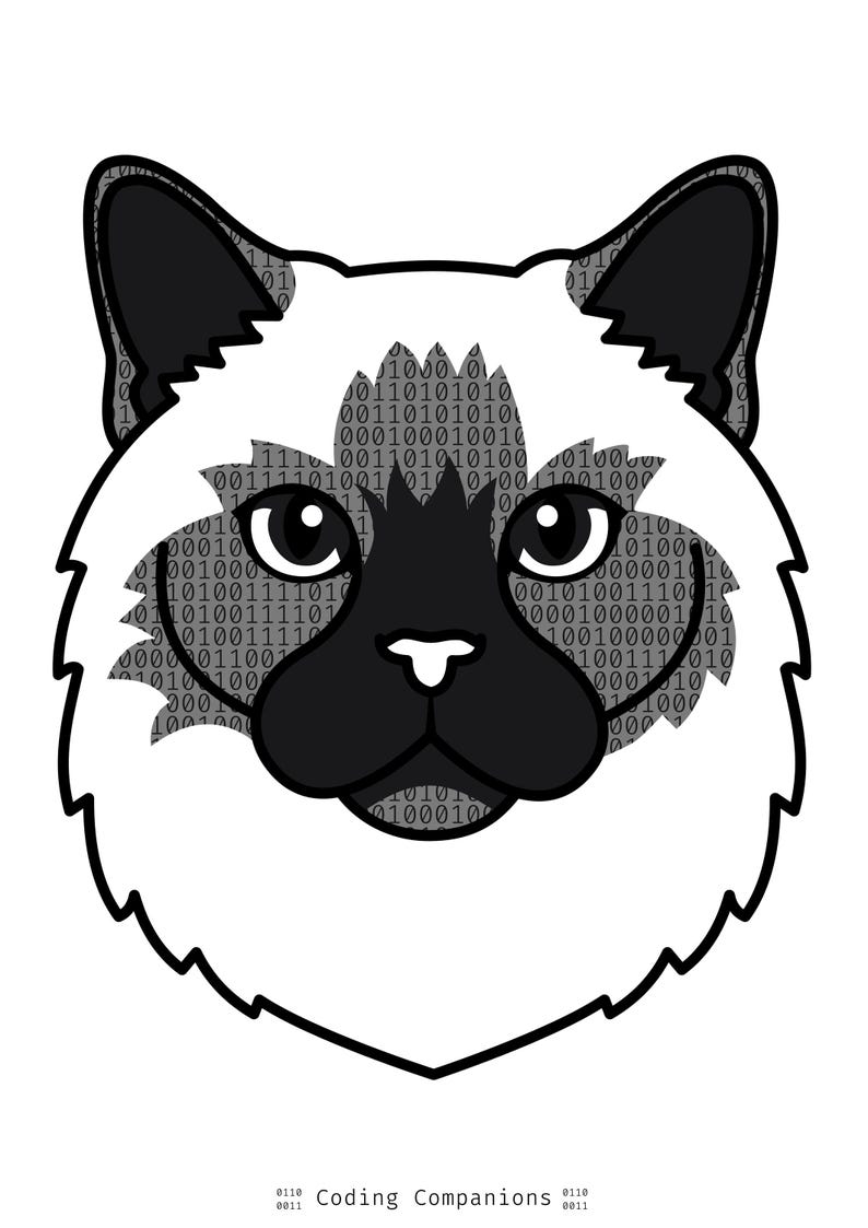May include: A graphic illustration of a cat head with a dark face mask, pointed ears, and white fur. The cat features a background pattern of binary code consisting of zeros and ones. Below the cat head is the text Coding Companions.