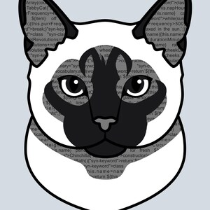 K&ouml;nnte beinhalten: Eine grafische Darstellung eines Siamkatzenkopfes mit cremefarbenem Gesicht sowie dunkelbraunen Ohren und Maske. Das Innere des Katzenkopfes ist mit Zeilen von Computercode gef&uuml;llt. Der Text am unteren Rand lautet /* Coding Companions */.
