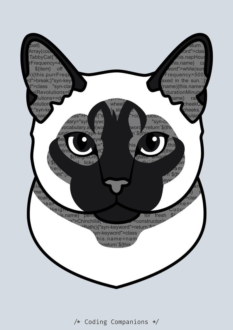 K&ouml;nnte beinhalten: Eine grafische Darstellung eines Siamkatzenkopfes mit cremefarbenem Gesicht sowie dunkelbraunen Ohren und Maske. Das Innere des Katzenkopfes ist mit Zeilen von Computercode gef&uuml;llt. Der Text am unteren Rand lautet /* Coding Companions */.