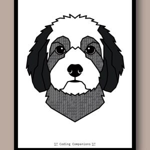 May include: A framed print featuring a stylised dog head illustration with black and white sections. The white areas are filled with a binary code pattern of zeros and ones. The text Coding Companions is printed at the bottom with binary icons.