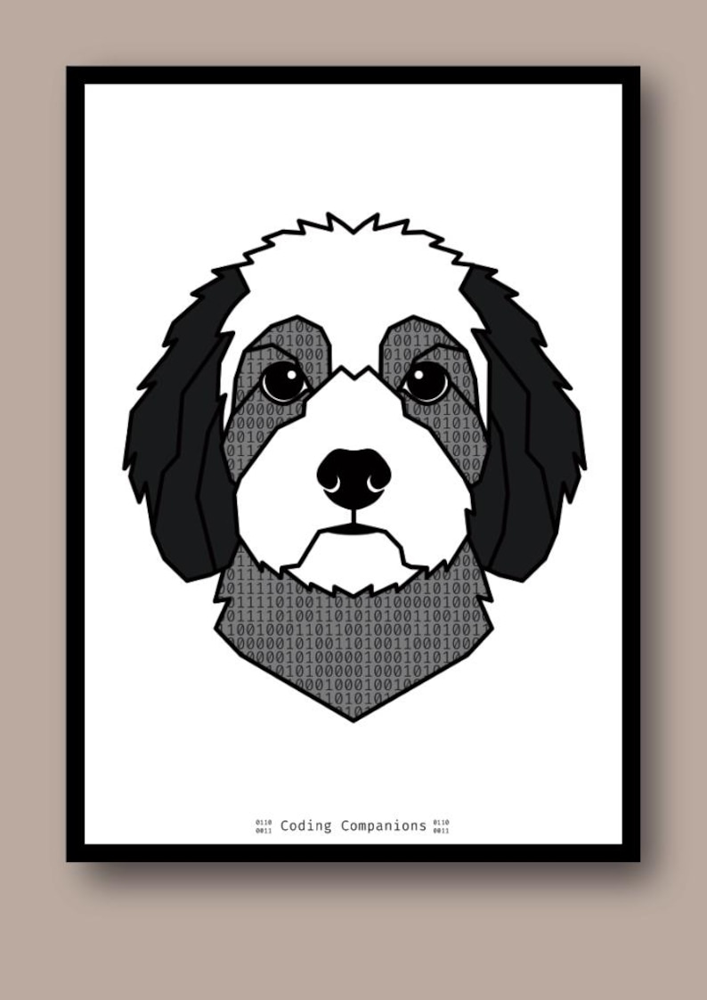 Puede incluir: Una l&aacute;mina enmarcada con una ilustraci&oacute;n estilizada de una cabeza de perro en blanco y negro. Las &aacute;reas blancas est&aacute;n rellenas con un patr&oacute;n de c&oacute;digo binario de ceros y unos. El texto Coding Companions aparece impreso en la parte inferior.