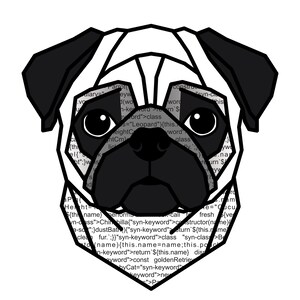 Puede incluir: Una ilustraci&oacute;n gr&aacute;fica estilizada de una cabeza de pug con orejas y hocico negros. La cara est&aacute; rellena con l&iacute;neas de c&oacute;digo inform&aacute;tico. Debajo de la cabeza del pug, el texto dice /* Coding Companions */ en una fuente negra simple.