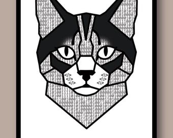 Binary Code Tuxedo Cat Print - Programmer Wall Art - Tech Desk Decor Developer Gift