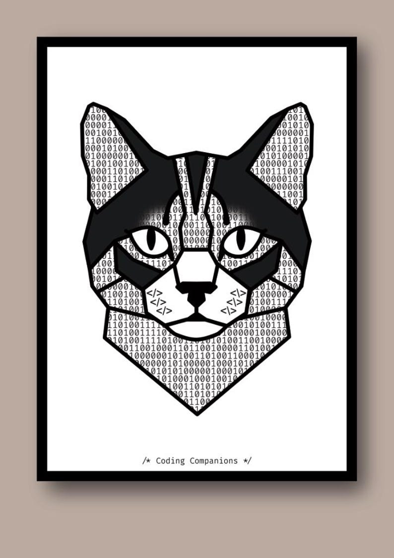 May include: A black and white geometric cat head illustration filled with binary code and HTML tags. The cat has pointed ears, almond-shaped eyes, and a small nose. The text "/* Coding Companions */" is printed at the bottom of the print.