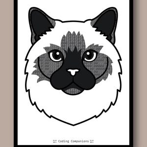 May include: A graphic print featuring a stylised cat head with dark ears and a dark face mask. The cat's fur area is filled with a pattern of binary code digits. The text "Coding Companions" is printed at the bottom with binary digits on each side.