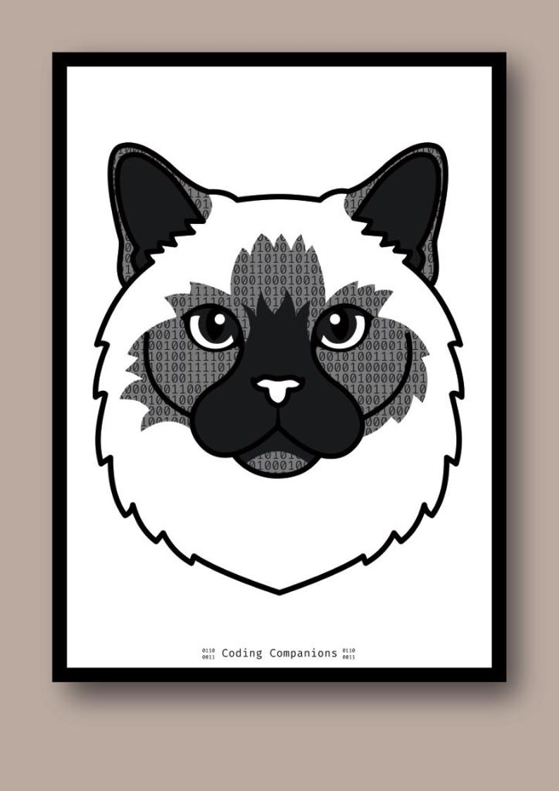 May include: A graphic print featuring a stylized cat head with dark ears and a dark face mask. The cat's fur area is filled with a pattern of binary code digits. The text "Coding Companions" is printed at the bottom with binary digits on each side.