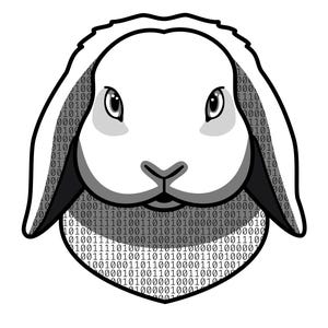 May include: A stylized graphic of a lop-eared rabbit head with a white face and gray ears. The rabbit is filled with a repeating pattern of binary code consisting of zeros and ones. Below the rabbit, the text reads: Coding Companions.