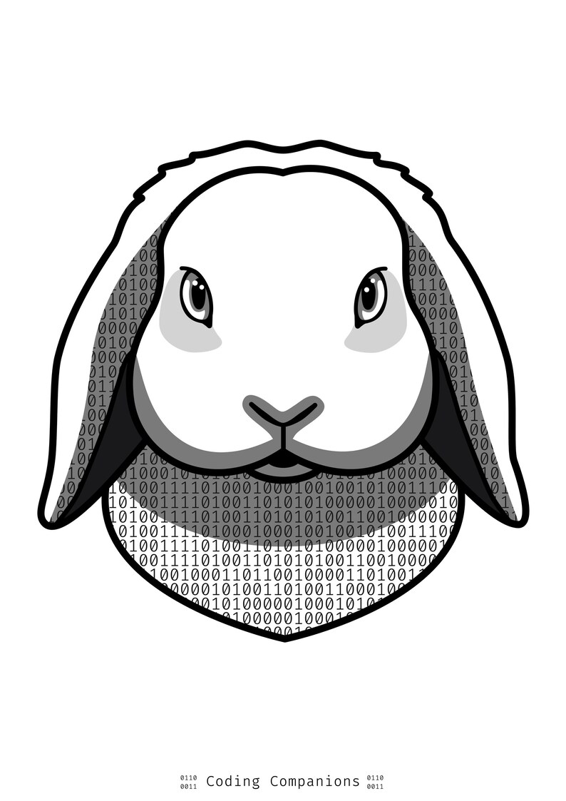 May include: A stylized graphic of a lop-eared rabbit head with a white face and gray ears. The rabbit is filled with a repeating pattern of binary code consisting of zeros and ones. Below the rabbit, the text reads: Coding Companions.