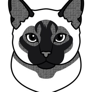 Puede incluir: Una ilustraci&oacute;n gr&aacute;fica de una cabeza de gato siam&eacute;s con cara color crema y orejas y m&aacute;scara de color marr&oacute;n oscuro. El pelaje del gato est&aacute; relleno con un patr&oacute;n repetitivo de d&iacute;gitos binarios cero y uno. El texto Coding Companions aparece abajo.