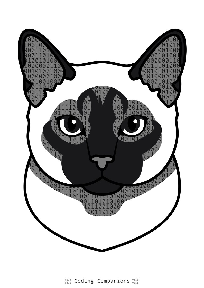 Puede incluir: Una ilustraci&oacute;n gr&aacute;fica de una cabeza de gato siam&eacute;s con cara color crema y orejas y m&aacute;scara de color marr&oacute;n oscuro. El pelaje del gato est&aacute; relleno con un patr&oacute;n repetitivo de d&iacute;gitos binarios cero y uno. El texto Coding Companions aparece abajo.
