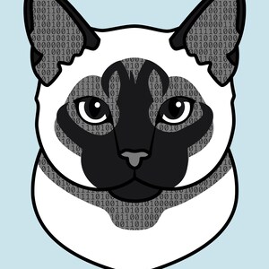 Puede incluir: Una ilustraci&oacute;n gr&aacute;fica de una cabeza de gato siam&eacute;s con m&aacute;scara y orejas negras, rellena con un patr&oacute;n de c&oacute;digo binario repetitivo de ceros y unos. El texto Coding Companions est&aacute; impreso en la parte inferior en una fuente gris oscuro.