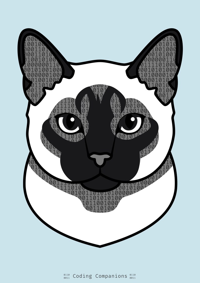 Puede incluir: Una ilustraci&oacute;n gr&aacute;fica de una cabeza de gato siam&eacute;s con m&aacute;scara y orejas negras, rellena con un patr&oacute;n de c&oacute;digo binario repetitivo de ceros y unos. El texto Coding Companions est&aacute; impreso en la parte inferior en una fuente gris oscuro.