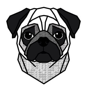 Puede incluir: Una ilustraci&oacute;n geom&eacute;trica de la cabeza de un perro pug con orejas y hocico negros. Las &aacute;reas blancas de la cara y el cuello est&aacute;n rellenas con un patr&oacute;n repetitivo de c&oacute;digo binario de ceros y unos. El texto Coding Companions aparece debajo.
