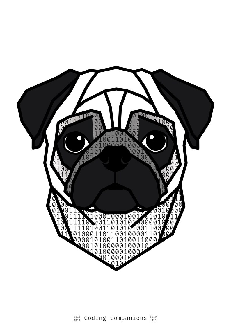 Puede incluir: Una ilustraci&oacute;n geom&eacute;trica de la cabeza de un perro pug con orejas y hocico negros. Las &aacute;reas blancas de la cara y el cuello est&aacute;n rellenas con un patr&oacute;n repetitivo de c&oacute;digo binario de ceros y unos. El texto Coding Companions aparece debajo.