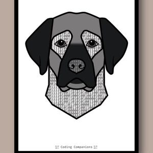 May include: A graphic print featuring a stylised dog head silhouette filled with binary code patterns in shades of grey and black. The design includes the text Coding Companions at the bottom, framed by binary digits on a clean white background.