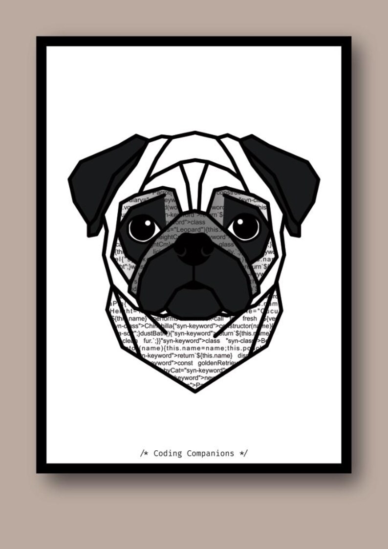 Puede incluir: Una ilustraci&oacute;n geom&eacute;trica de l&iacute;neas que representa la cabeza de un perro pug centrada sobre un fondo blanco. El perro tiene orejas y hocico negros, con la cara rellena de l&iacute;neas de c&oacute;digo inform&aacute;tico. El texto /* Coding Companions */ aparece debajo.