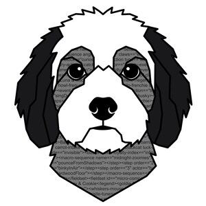 Pode incluir: Uma ilustra&ccedil;&atilde;o gr&aacute;fica estilizada de uma cabe&ccedil;a de c&atilde;o com orelhas pretas e cara branca. A &aacute;rea branca est&aacute; preenchida com texto de c&oacute;digo inform&aacute;tico cinzento. O c&atilde;o tem olhos pretos grandes e um nariz preto. Abaixo do c&atilde;o, o texto diz <!-- Coding Companions -->.