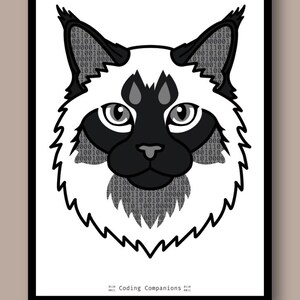 May include: A framed digital art print featuring a stylised lynx head silhouette filled with a pattern of binary code ones and zeros. The lynx has black ear tufts, a black face mask, and grey eyes. The text Coding Companions is printed at the bottom.