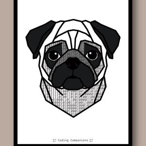 May include: A geometric illustration of a pug head centred on a white background. The dog features black ears and a black muzzle, with the face filled by a binary code pattern of ones and zeros. The text Coding Companions appears at the bottom.