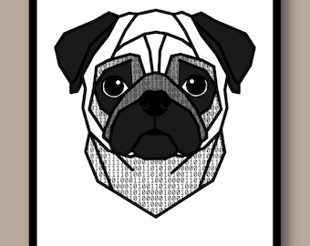 Binary Code Pug Print - Programmer Dog Wall Art - Tech Desk Decor Developer Gift
