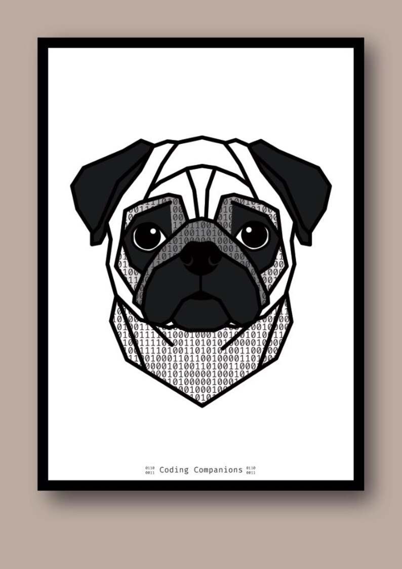 Puede incluir: Una ilustraci&oacute;n geom&eacute;trica de una cabeza de pug centrada sobre un fondo blanco. El perro tiene orejas y hocico negros, con la cara rellena de un patr&oacute;n de c&oacute;digo binario de unos y ceros. El texto Coding Companions aparece en la parte inferior.