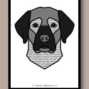 May include: A graphic illustration of a dog head silhouette filled with lines of computer code text. The dog has black ears and a black nose, with a grey face and dark eyes. Below the dog head, the text reads /* Coding Companions */.