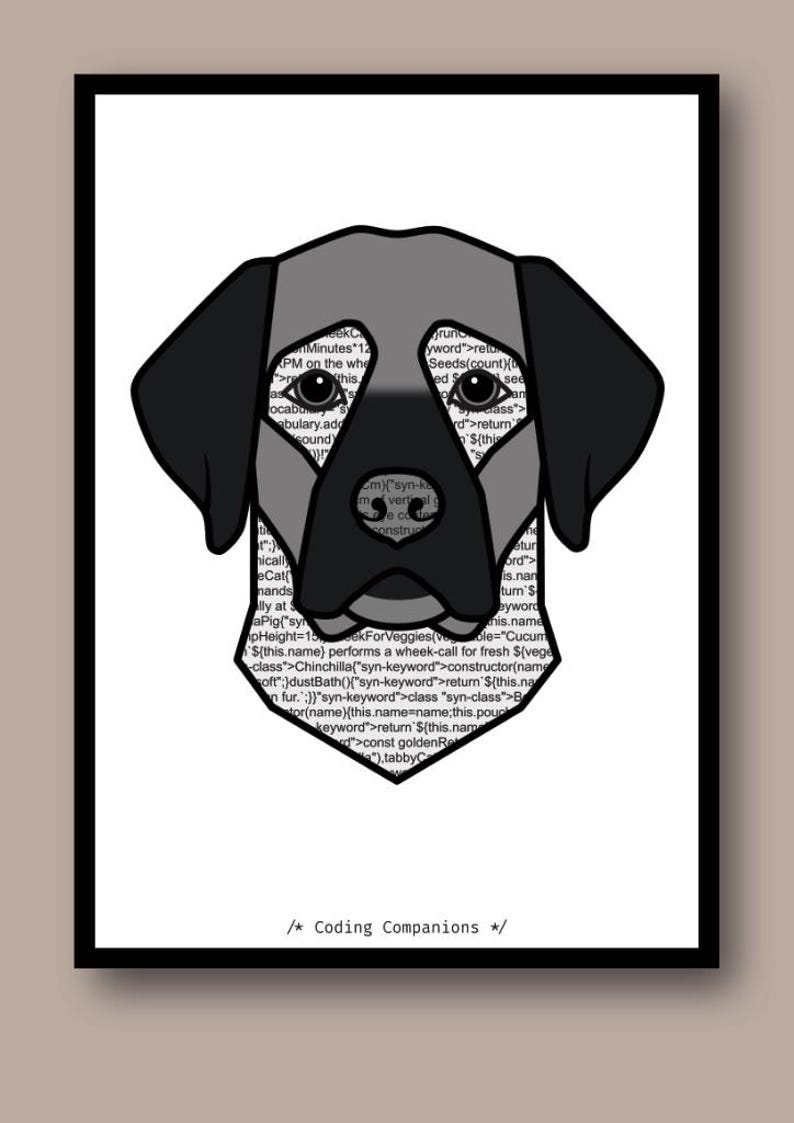 May include: A graphic illustration of a dog head silhouette filled with lines of computer code text. The dog has black ears and a black nose, with a gray face and dark eyes. Below the dog head, the text reads /* Coding Companions */.
