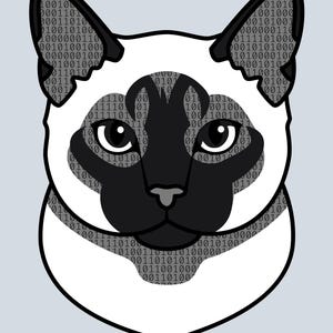Puede incluir: Una ilustraci&oacute;n gr&aacute;fica de una cabeza de gato siam&eacute;s con m&aacute;scara y orejas negras, rellena con un patr&oacute;n de c&oacute;digo binario de unos y ceros. El gato tiene ojos grandes y oscuros y un cuello claro. El texto Coding Companions aparece abajo.
