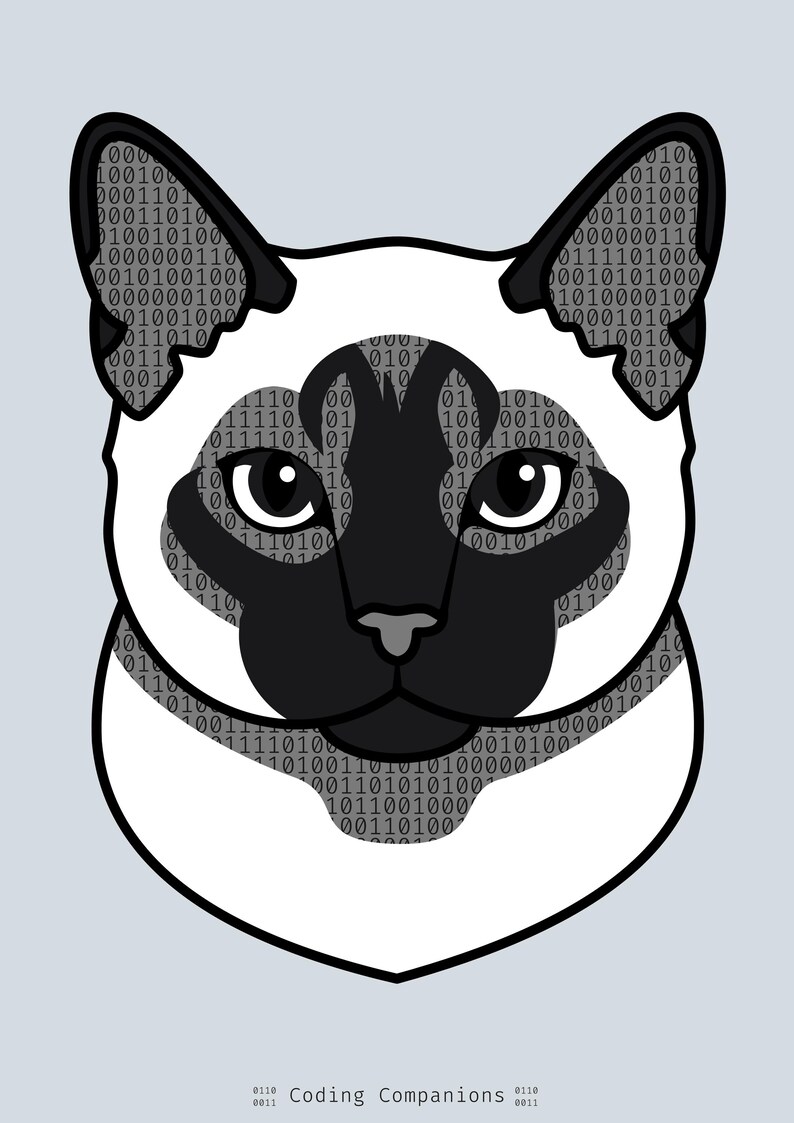 Puede incluir: Una ilustraci&oacute;n gr&aacute;fica de una cabeza de gato siam&eacute;s con m&aacute;scara y orejas negras, rellena con un patr&oacute;n de c&oacute;digo binario de unos y ceros. El gato tiene ojos grandes y oscuros y un cuello claro. El texto Coding Companions aparece abajo.