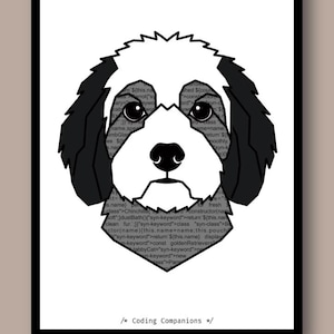 May include: A black and white graphic illustration of a dog head centred on a white background. The dog features a white blaze on its face and dark ears. The interior of the dog shape is filled with lines of computer code. The text /* Coding Companions */ appears at the bottom.