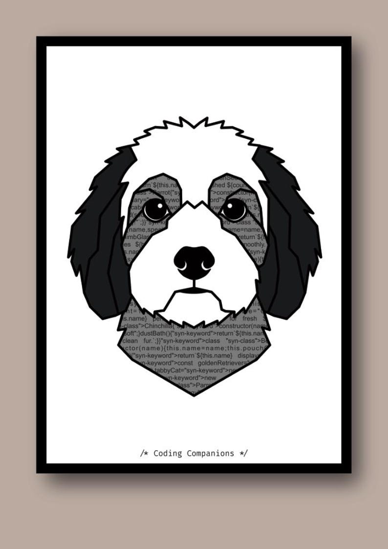 May include: A black and white graphic illustration of a dog head centred on a white background. The dog features a white blaze on its face and dark ears. The interior of the dog shape is filled with lines of computer code. The text /* Coding Companions */ appears at the bottom.