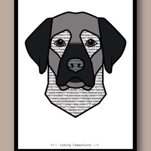 May include: A graphic illustration of a dog head silhouette filled with lines of computer code text. The dog has black ears and a grey face with dark eyes and a nose. Below the dog head, the text reads: <!-- Coding Companions -->.
