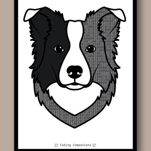 May include: A black and white graphic print of a dog head featuring a binary code pattern of ones and zeros within the dark sections. The text Coding Companions is printed at the bottom centre, flanked by small binary sequences on both sides.