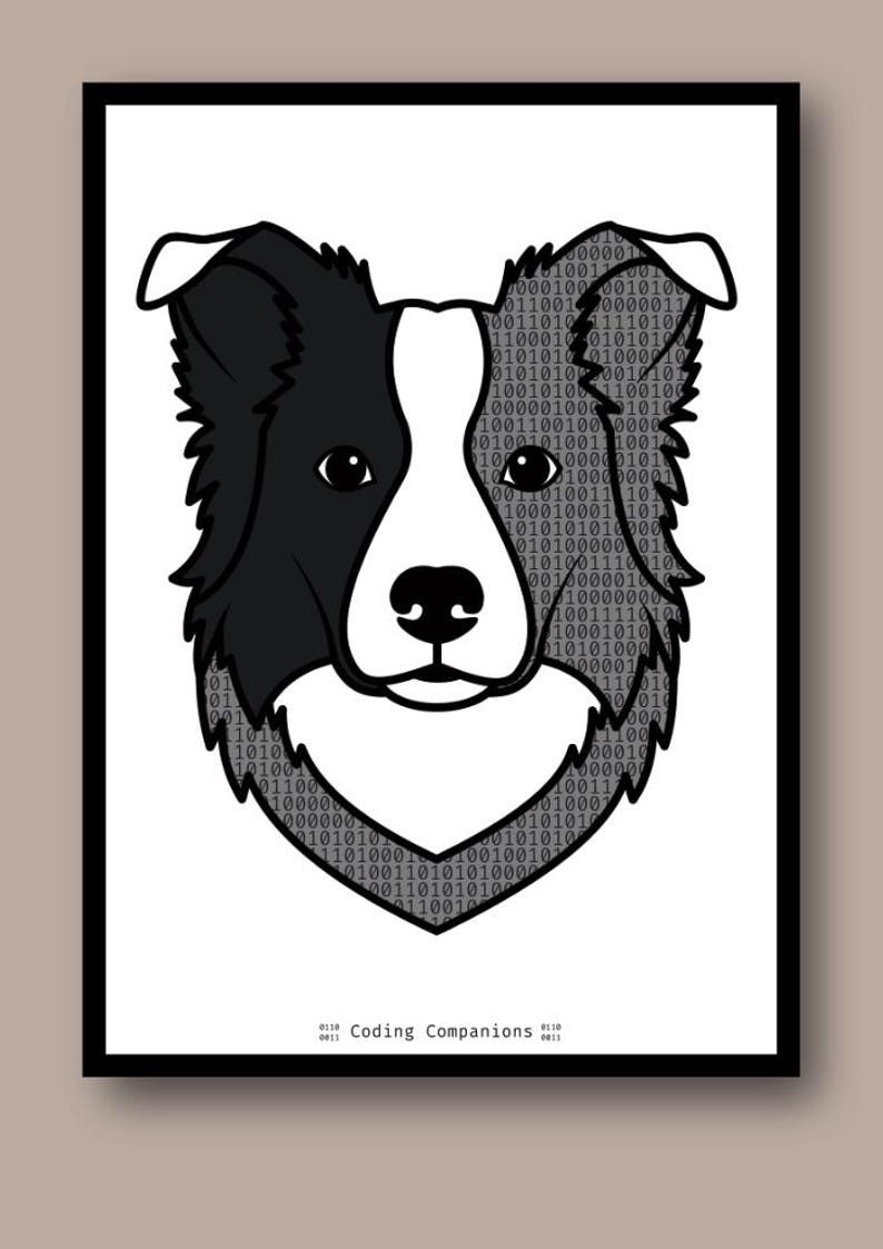 May include: A black and white graphic print of a dog head featuring a binary code pattern of ones and zeros within the dark sections. The text Coding Companions is printed at the bottom center, flanked by small binary sequences on both sides.