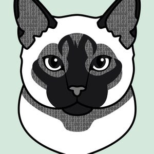 Puede incluir: Una ilustraci&oacute;n gr&aacute;fica de una cabeza de gato siam&eacute;s con m&aacute;scara y orejas de color marr&oacute;n oscuro, rellena con un patr&oacute;n de c&oacute;digo binario de ceros y unos. El gato tiene grandes ojos negros y una cara color crema claro. El texto Coding Companions aparece abajo.