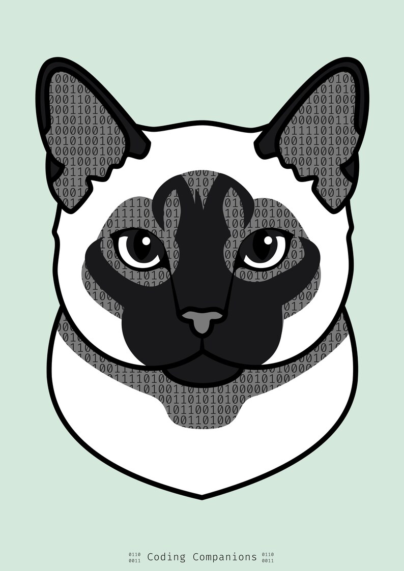 Puede incluir: Una ilustraci&oacute;n gr&aacute;fica de una cabeza de gato siam&eacute;s con m&aacute;scara y orejas de color marr&oacute;n oscuro, rellena con un patr&oacute;n de c&oacute;digo binario de ceros y unos. El gato tiene grandes ojos negros y una cara color crema claro. El texto Coding Companions aparece abajo.