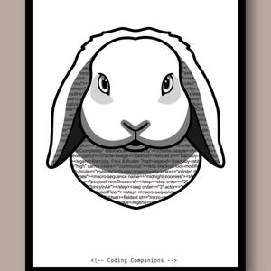 May include: A black and white graphic illustration of a lop-eared rabbit head centred on a background of computer code text. The rabbit has long drooping ears and a simple facial outline. The text at the bottom reads <!-- Coding Companions -->.