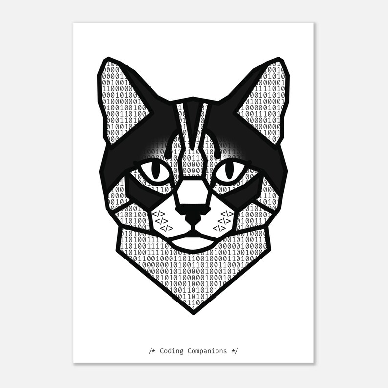 Binary Code Tuxedo Cat Print - Programmer Wall Art - Tech Desk Decor Developer Gift A3