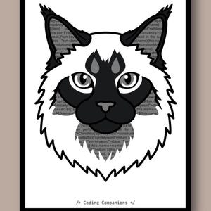 May include: A graphic print featuring a stylised cat head with tufted ears, rendered in black, white, and grey tones. The cat's face is overlaid with faint lines of computer code text. The bottom of the print displays the text /* Coding Companions */.