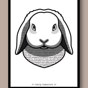 May include: A black and white graphic print featuring a lop-eared rabbit silhouette filled with lines of computer code. The background inside the rabbit shape contains text including "GuineaPig", "Chinchilla", and "wheekForVeggies". Text at the bottom reads "/* Coding Companions */".